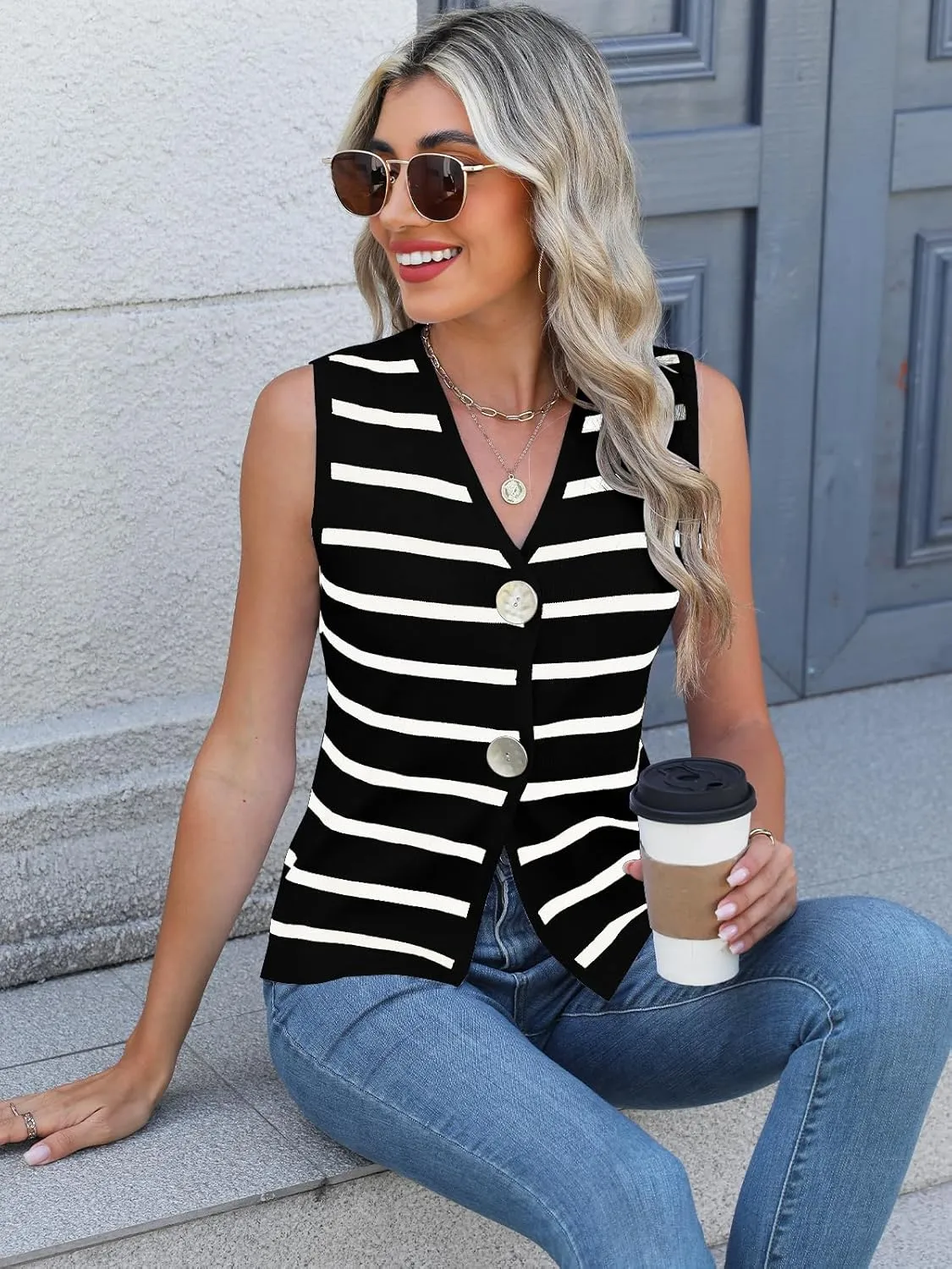 Women's Sweater Vest V Neck Striped Sleeveless Knit Button Down Tank Tops Casual Cropped Sweater Cardigan Vest