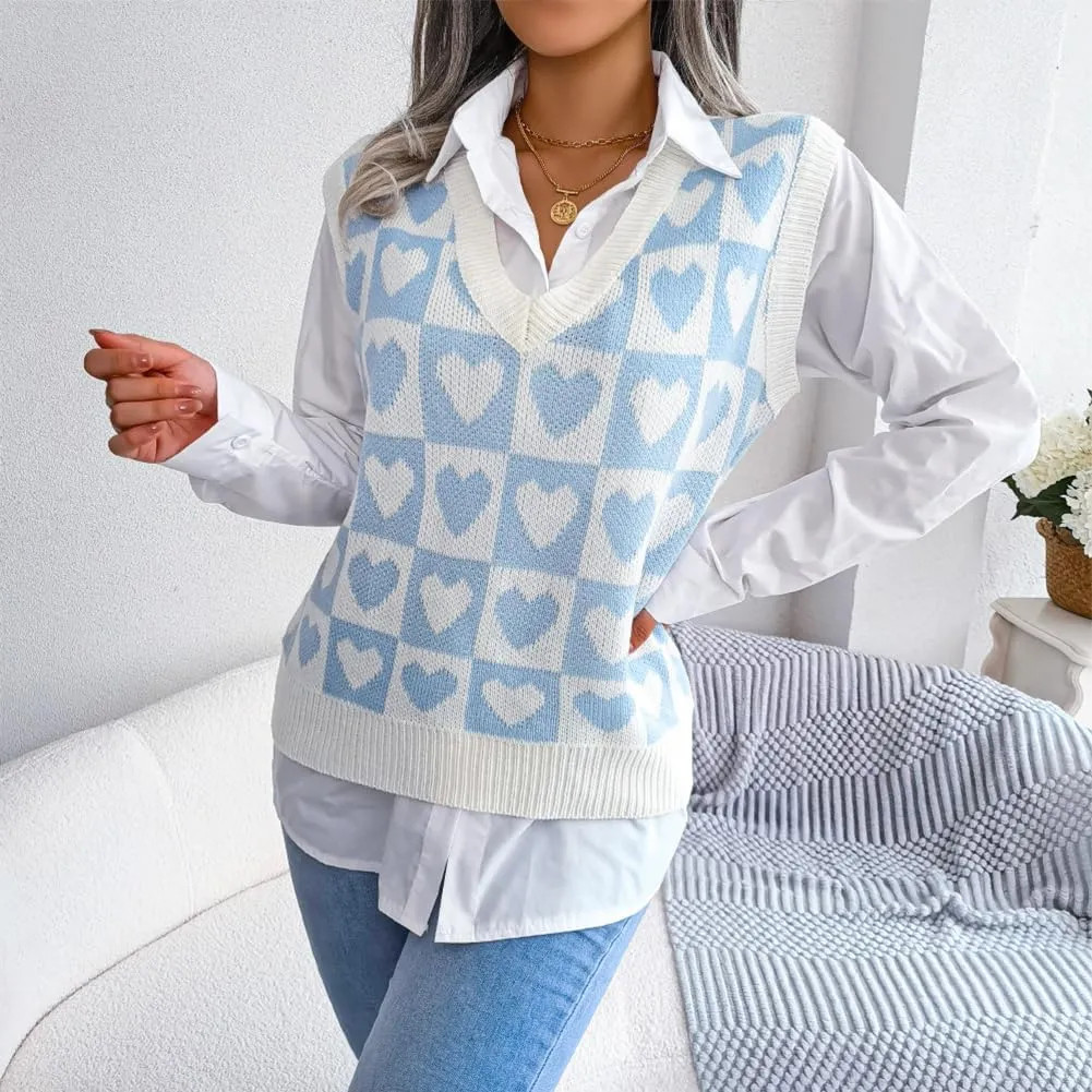 Women's V Neck Knit Sweater Vest Plaid Sleeveless Crop Knitwear Tank Pullover Top