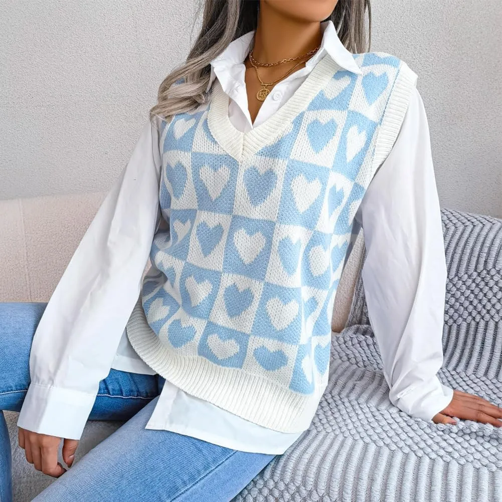 Women's V Neck Knit Sweater Vest Plaid Sleeveless Crop Knitwear Tank Pullover Top