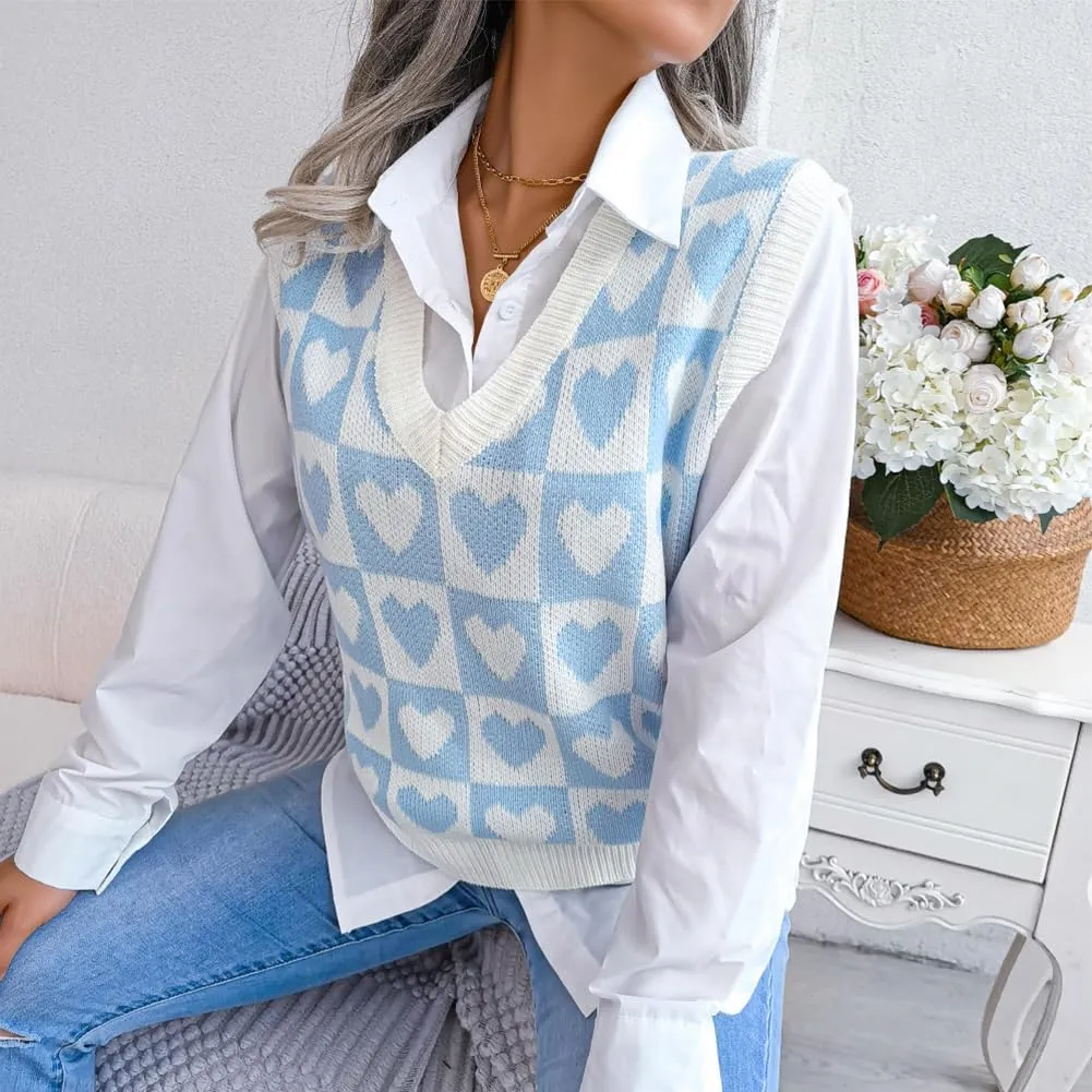 Women's V Neck Knit Sweater Vest Plaid Sleeveless Crop Knitwear Tank Pullover Top