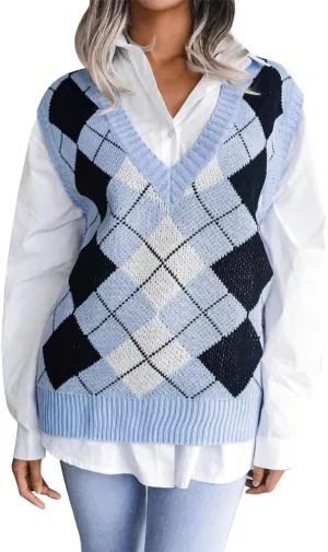 Women's V Neck Knit Sweater Vest Plaid Sleeveless Crop Knitwear Tank Pullover Top