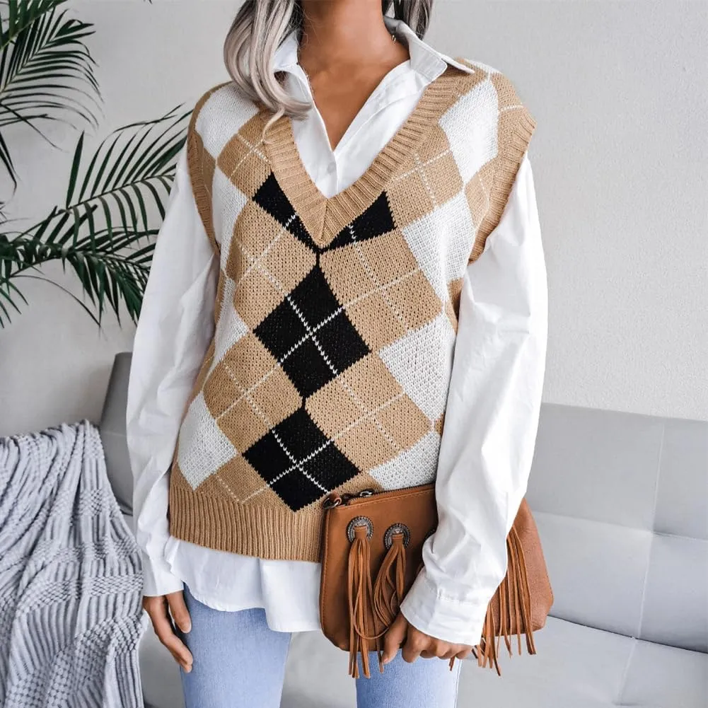 Women's V Neck Knit Sweater Vest Plaid Sleeveless Crop Knitwear Tank Pullover Top