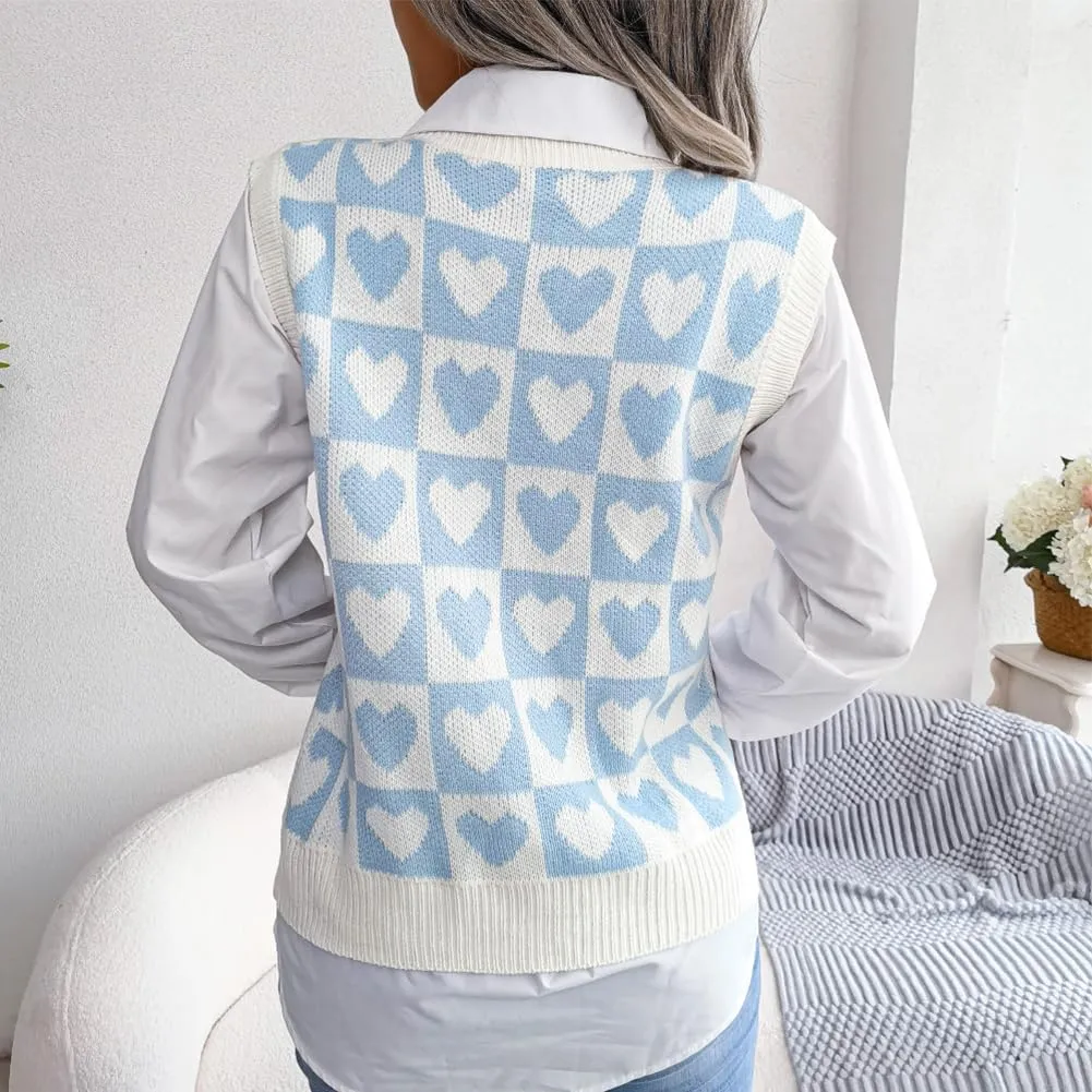 Women's V Neck Knit Sweater Vest Plaid Sleeveless Crop Knitwear Tank Pullover Top