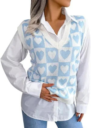 Women's V Neck Knit Sweater Vest Plaid Sleeveless Crop Knitwear Tank Pullover Top