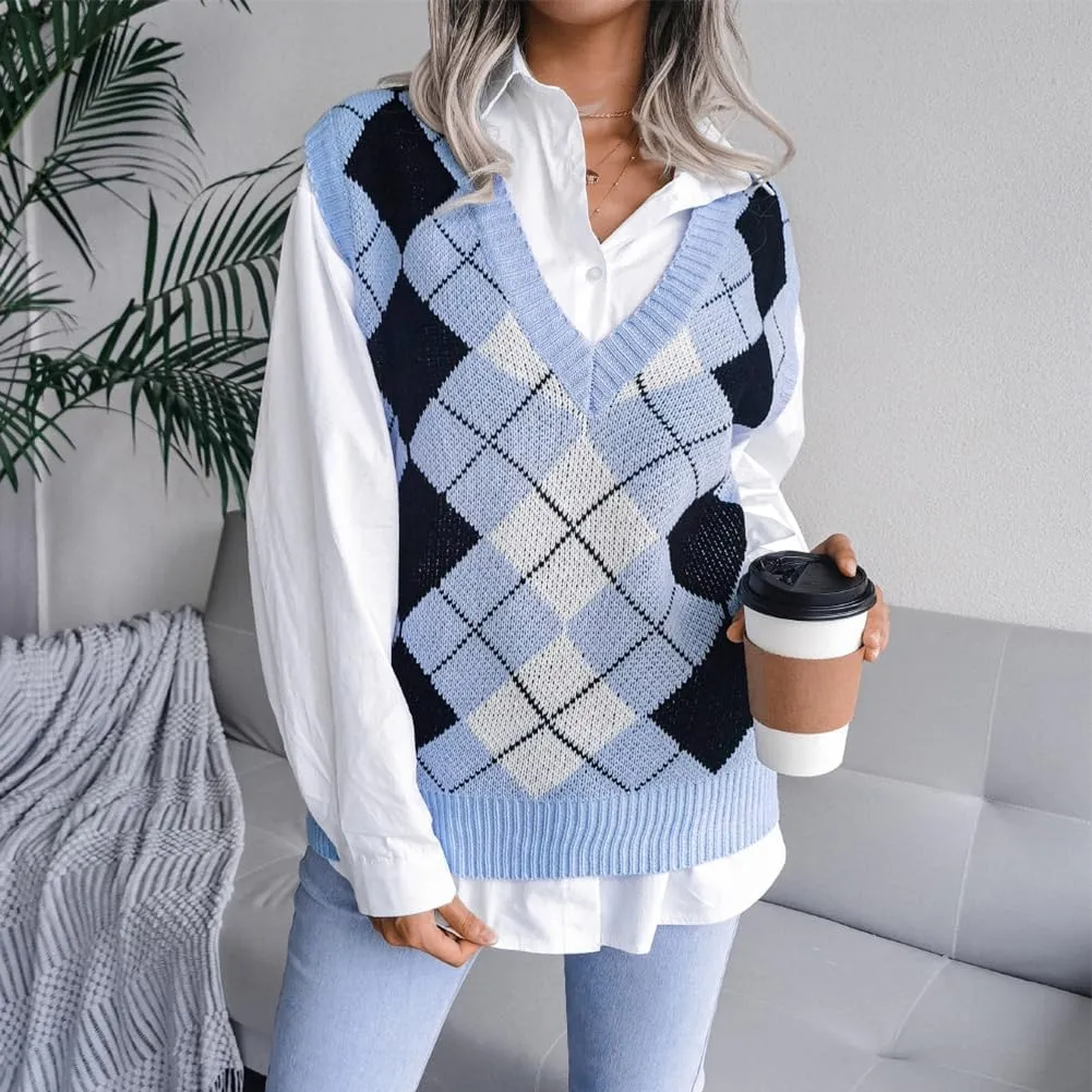Women's V Neck Knit Sweater Vest Plaid Sleeveless Crop Knitwear Tank Pullover Top