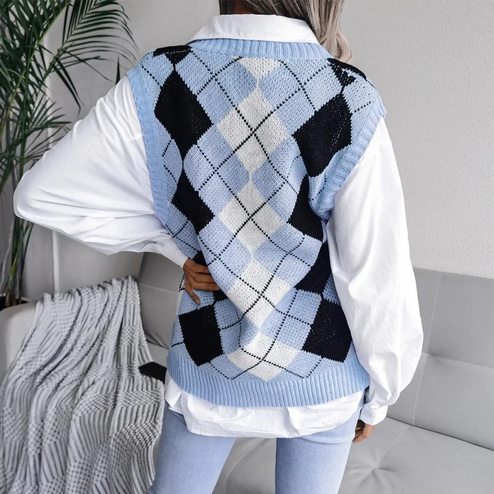 Women's V Neck Knit Sweater Vest Plaid Sleeveless Crop Knitwear Tank Pullover Top