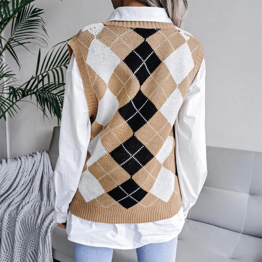 Women's V Neck Knit Sweater Vest Plaid Sleeveless Crop Knitwear Tank Pullover Top