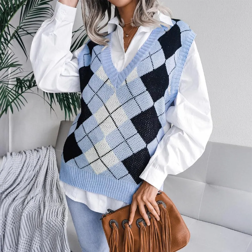 Women's V Neck Knit Sweater Vest Plaid Sleeveless Crop Knitwear Tank Pullover Top