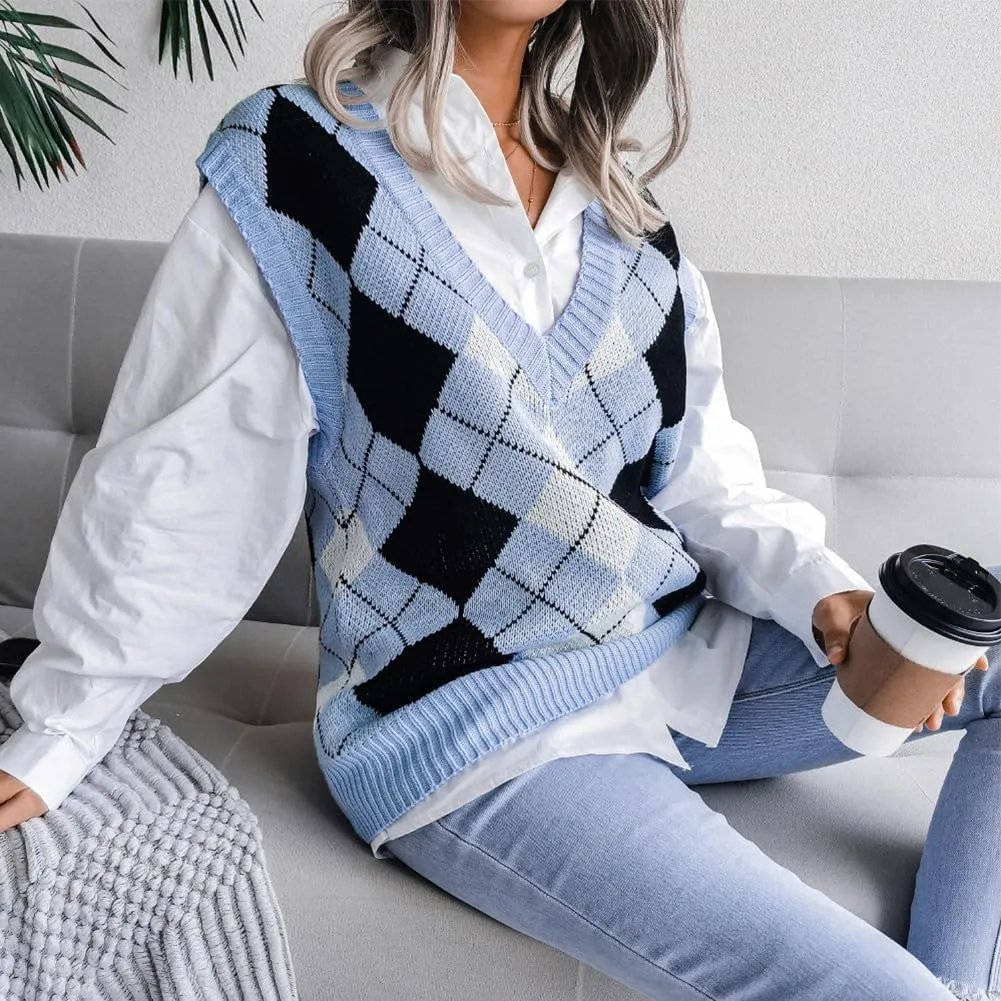 Women's V Neck Knit Sweater Vest Plaid Sleeveless Crop Knitwear Tank Pullover Top