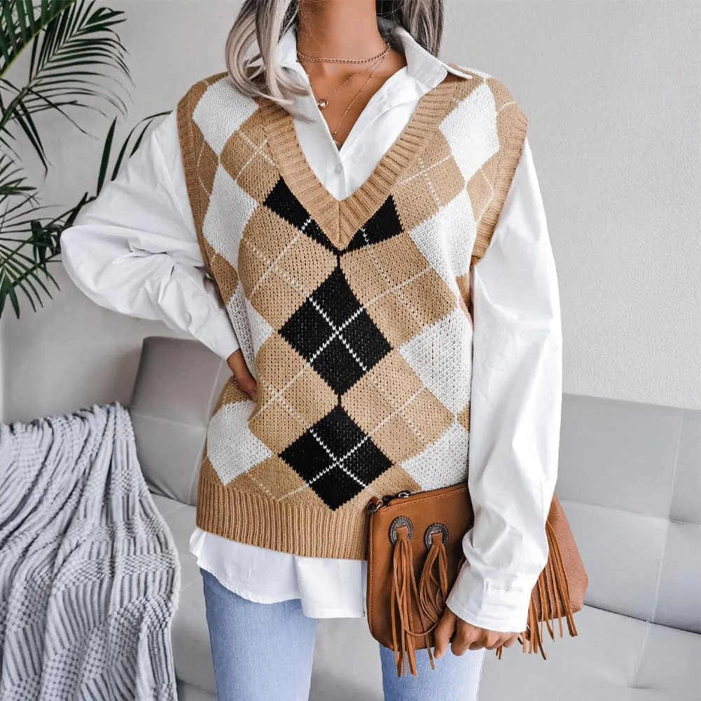 Women's V Neck Knit Sweater Vest Plaid Sleeveless Crop Knitwear Tank Pullover Top