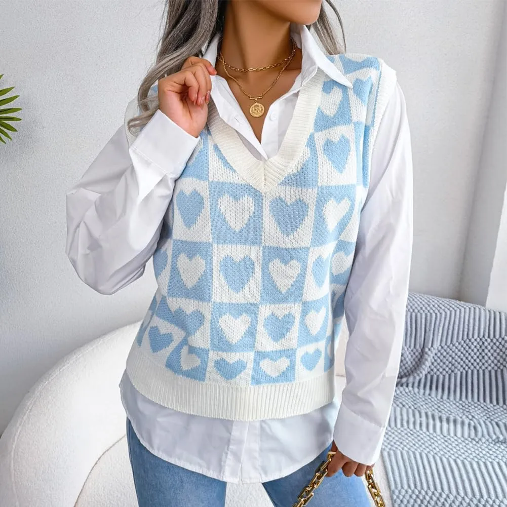 Women's V Neck Knit Sweater Vest Plaid Sleeveless Crop Knitwear Tank Pullover Top