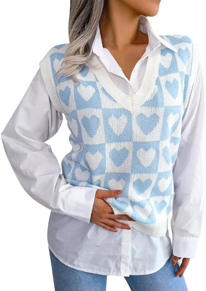 Women's V Neck Knit Sweater Vest Plaid Sleeveless Crop Knitwear Tank Pullover Top
