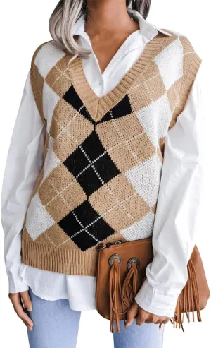 Women's V Neck Knit Sweater Vest Plaid Sleeveless Crop Knitwear Tank Pullover Top
