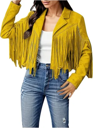 Womens Vintage Fringe Faux Suede Leather Cropped Jackets Fall Winter Motorcycle Moto Biker Short Open Front Tassel Coat