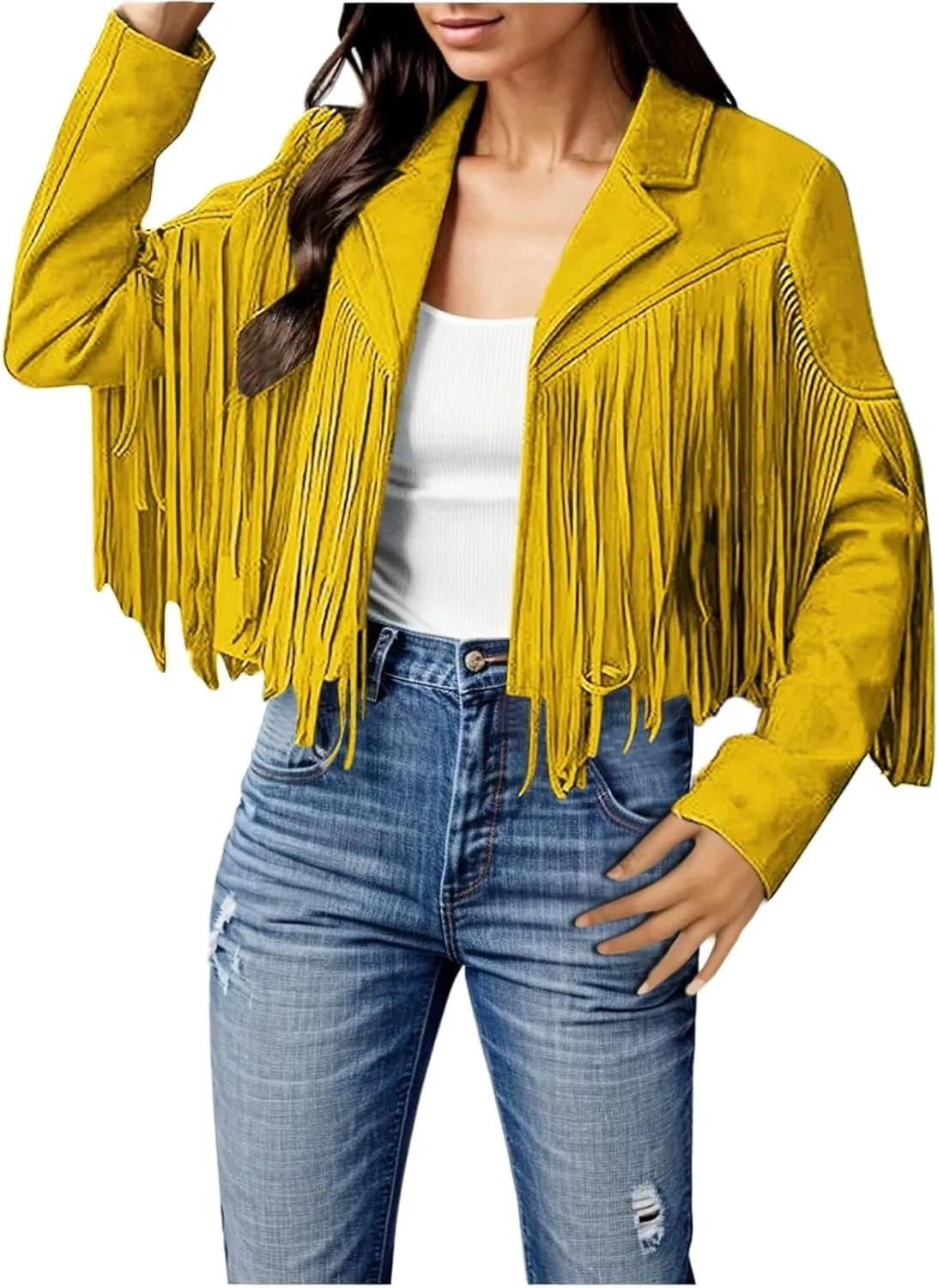 Womens Vintage Fringe Faux Suede Leather Cropped Jackets Fall Winter Motorcycle Moto Biker Short Open Front Tassel Coat