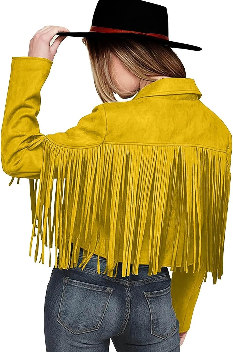 Womens Vintage Fringe Faux Suede Leather Cropped Jackets Fall Winter Motorcycle Moto Biker Short Open Front Tassel Coat