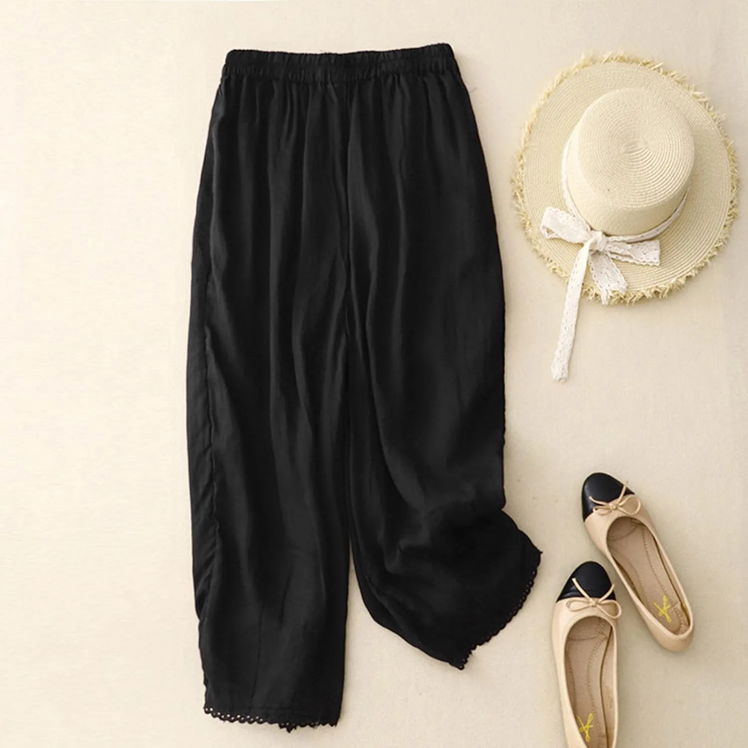 Womens Wide Leg Linen Pants Summer Elastic Waist Solid Lounge Trousers Casual Fashion Loose Vacation Palazzo Pants