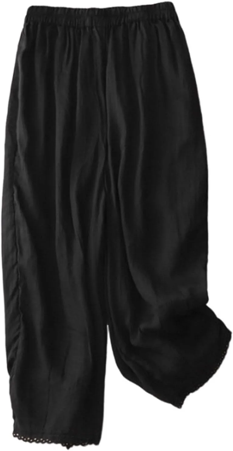 Womens Wide Leg Linen Pants Summer Elastic Waist Solid Lounge Trousers Casual Fashion Loose Vacation Palazzo Pants