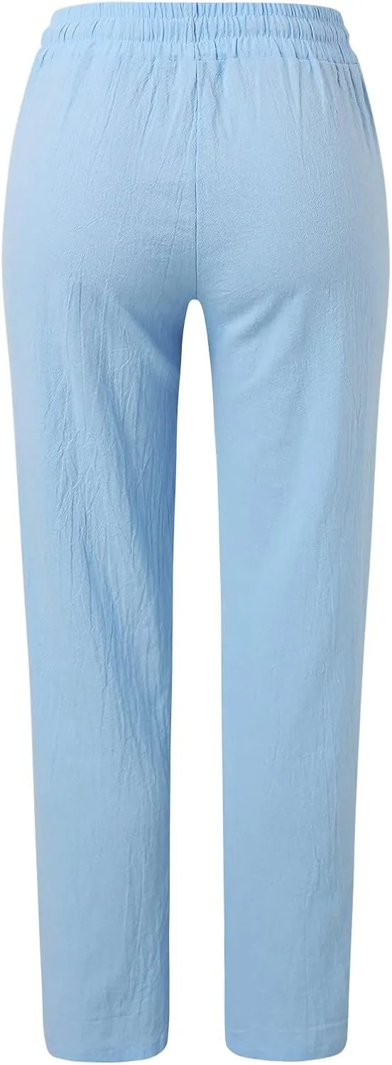 Womens Wide Leg Trousers Yoga Pants for Women Linen Flowy Beach Pants Casual Dressy Cotton Drawstring Pants Summer Outfits