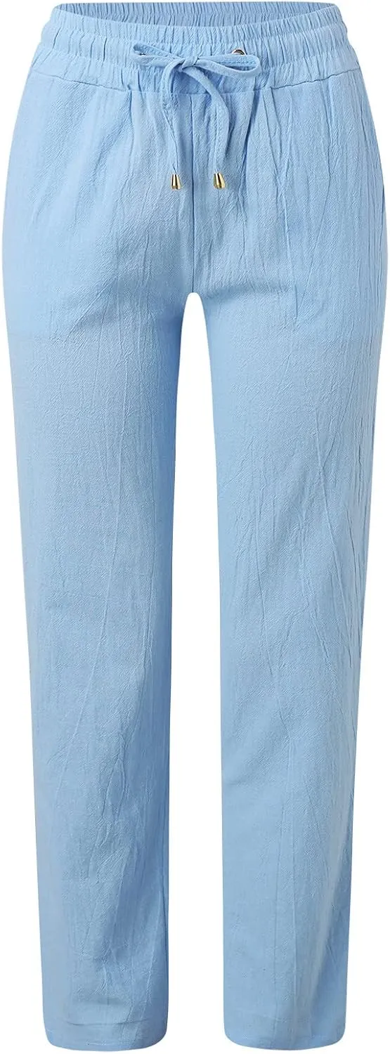 Womens Wide Leg Trousers Yoga Pants for Women Linen Flowy Beach Pants Casual Dressy Cotton Drawstring Pants Summer Outfits