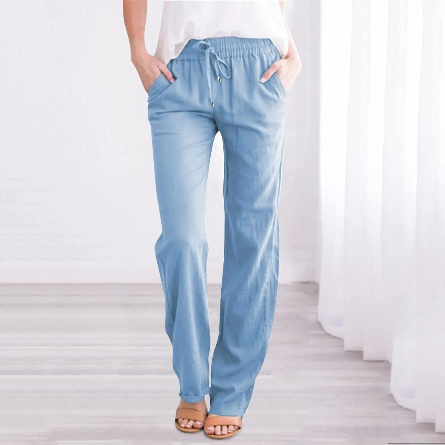 Womens Wide Leg Trousers Yoga Pants for Women Linen Flowy Beach Pants Casual Dressy Cotton Drawstring Pants Summer Outfits