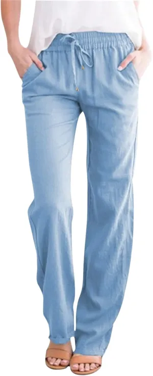 Womens Wide Leg Trousers Yoga Pants for Women Linen Flowy Beach Pants Casual Dressy Cotton Drawstring Pants Summer Outfits