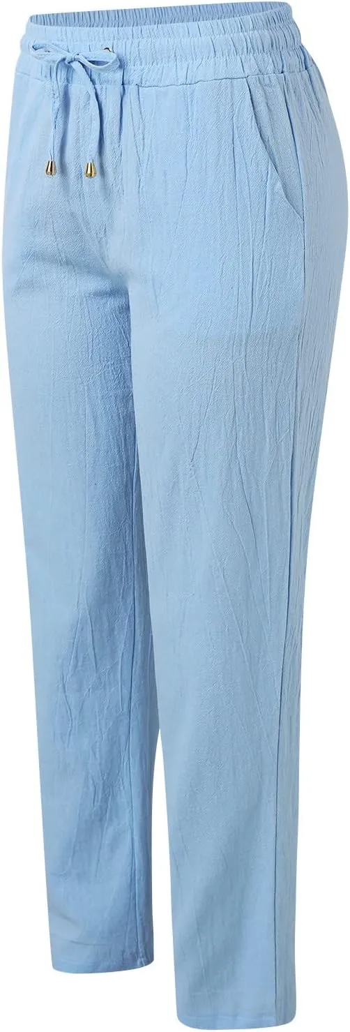 Womens Wide Leg Trousers Yoga Pants for Women Linen Flowy Beach Pants Casual Dressy Cotton Drawstring Pants Summer Outfits