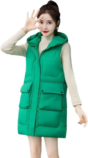 Womens Winter Down Cotton Waistcoat Casual Hooded Cotton-Padded Vest Coat Sleeveless Jacket Long Warm Parkas