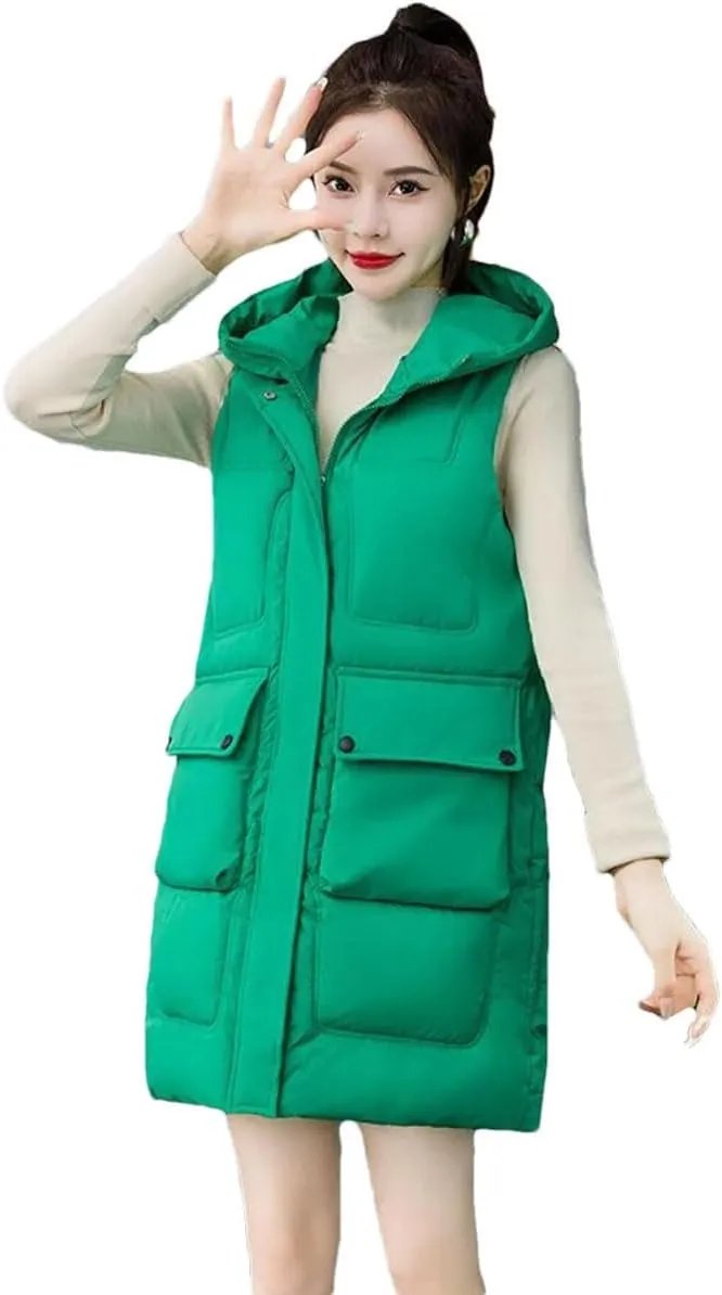 Womens Winter Down Cotton Waistcoat Casual Hooded Cotton-Padded Vest Coat Sleeveless Jacket Long Warm Parkas