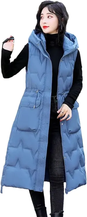 Women's Winter Hooded Down Cotton Waistcoat Loose Long Warm Cotton Vest Coat Sleeveless Padded Vests Overcoat