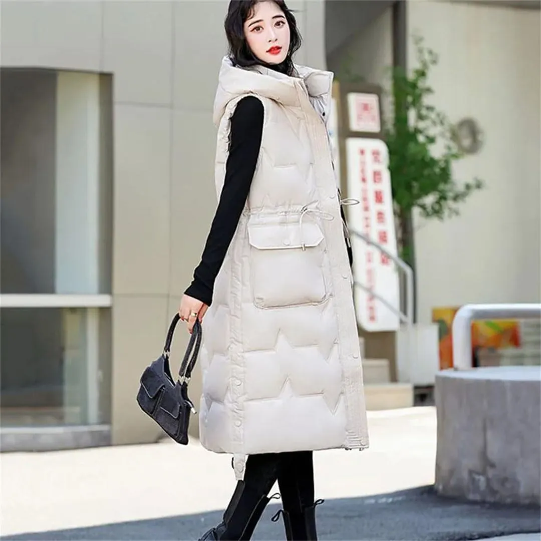 Women's Winter Hooded Down Cotton Waistcoat Loose Long Warm Cotton Vest Coat Sleeveless Padded Vests Overcoat