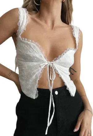 Women's Y2K Lace V Neck Camis Spaghetti Strap Cami Crop Top Split Hem Tank Top Cute Fairy Lace Trim Camisole
