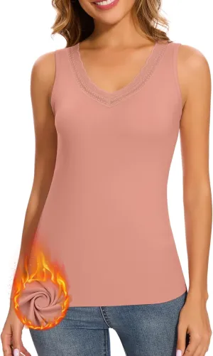 WOWENY Women Lace V Neck Sleeveless Thermal Tank Top Fleece Lined Underwear Top Warm Camisole Winter Base Layer
