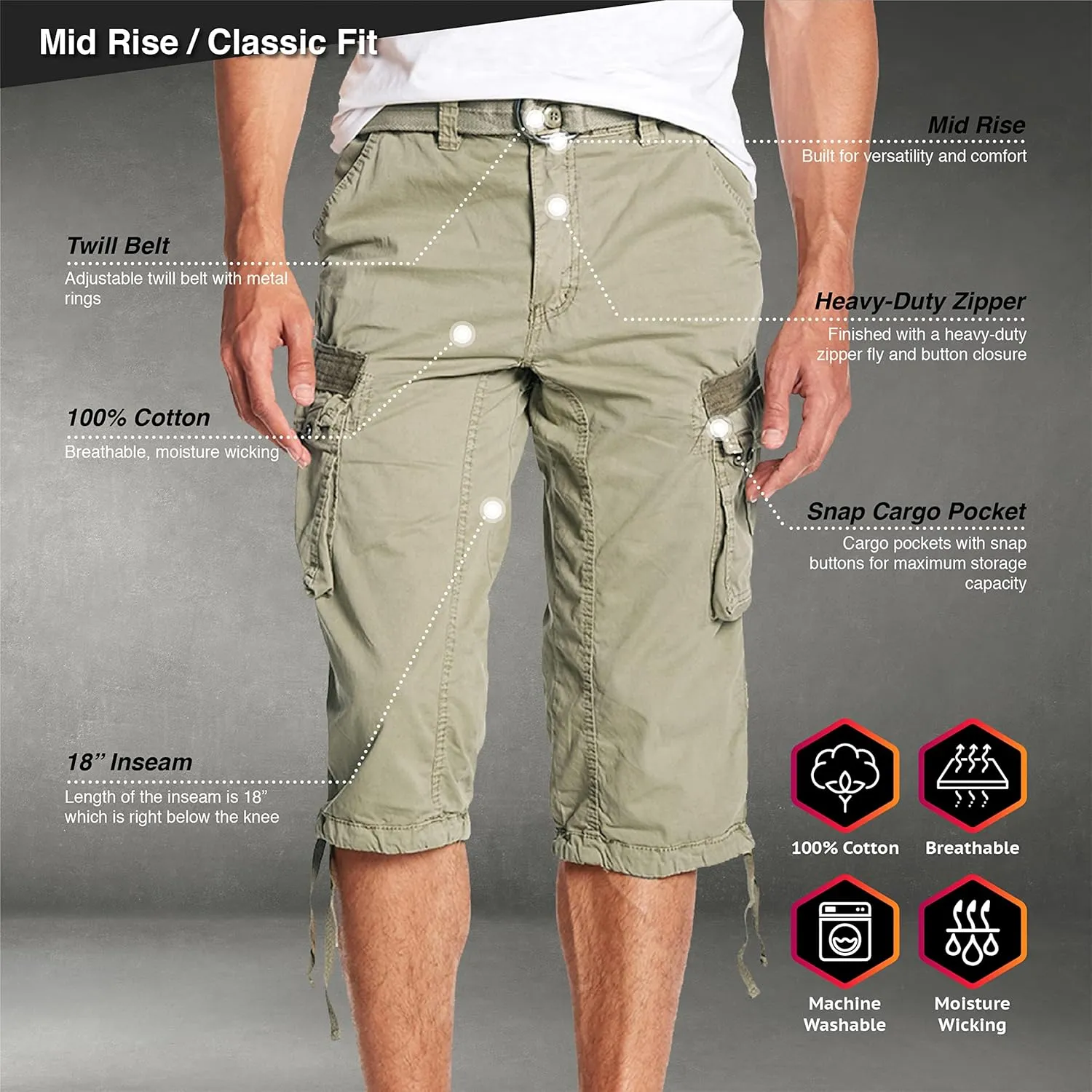 X RAY Men's Belted Long Cargo Shorts for Men, Below Knee Length Mens Cargo Shorts, 3/4 Pants (Big and Tall Shorts for Men)