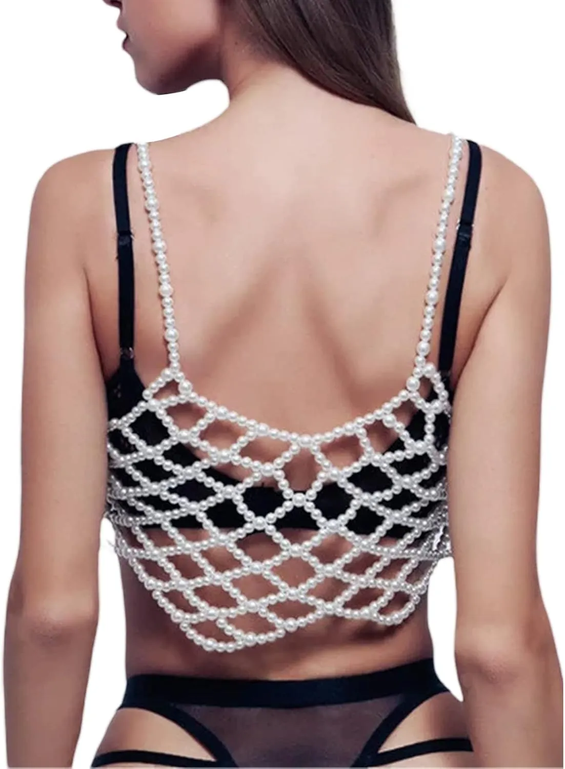 XBTCLXEBCO Sexy Pearl Cami Top for Women Sleeveless Hollow Out Beaded Camisoles Sling Crop Top Bra Vest Cover Up Clubwear
