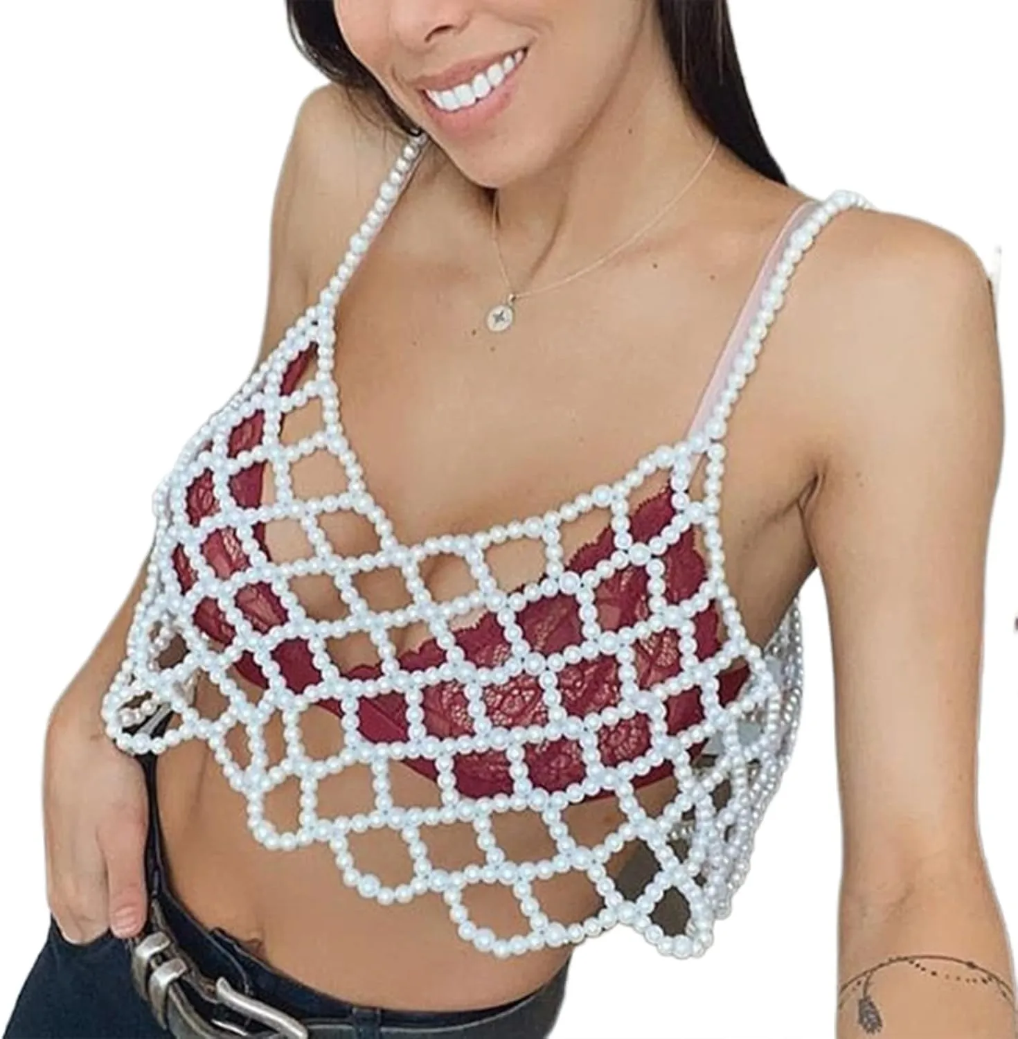 XBTCLXEBCO Sexy Pearl Cami Top for Women Sleeveless Hollow Out Beaded Camisoles Sling Crop Top Bra Vest Cover Up Clubwear