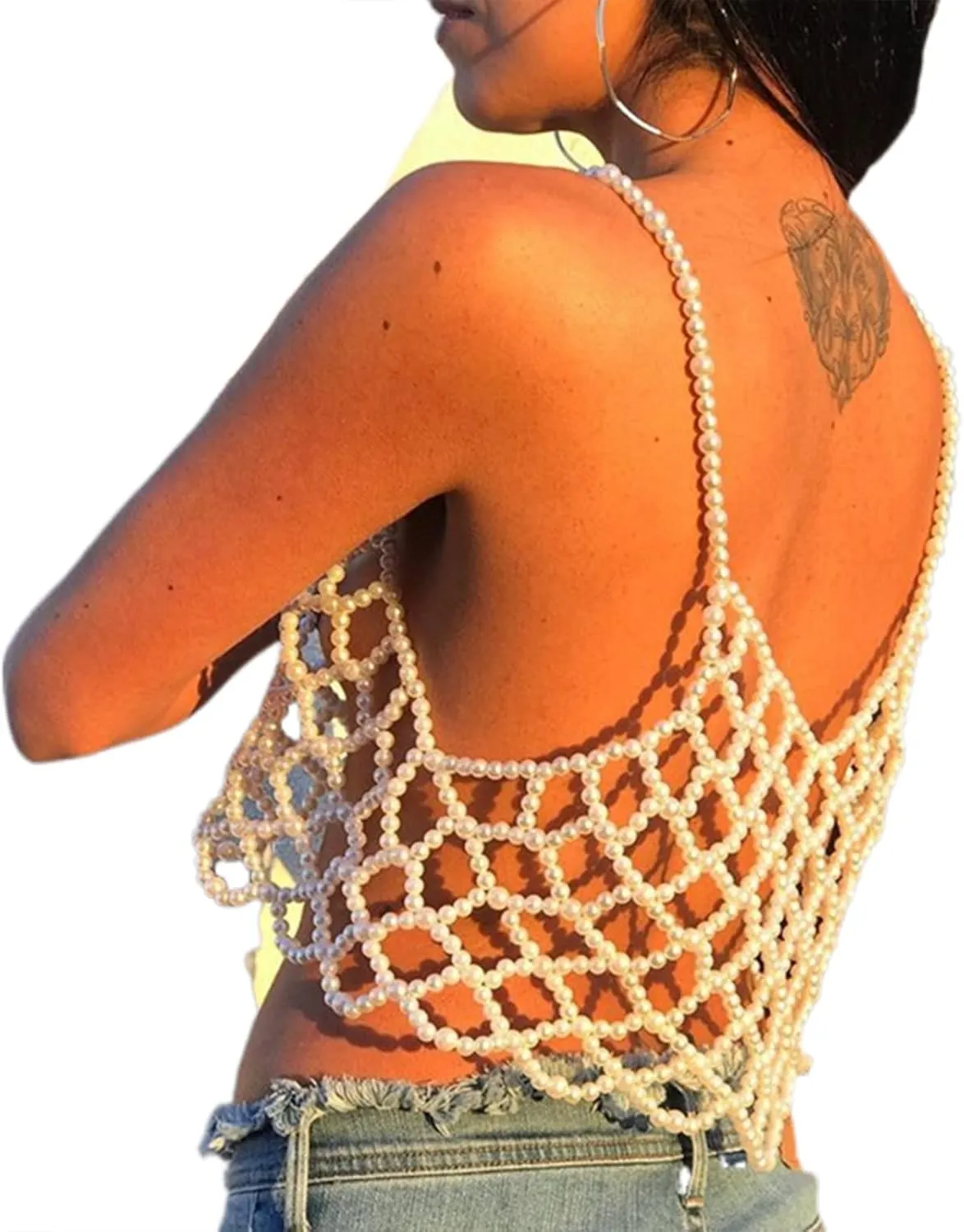 XBTCLXEBCO Sexy Pearl Cami Top for Women Sleeveless Hollow Out Beaded Camisoles Sling Crop Top Bra Vest Cover Up Clubwear