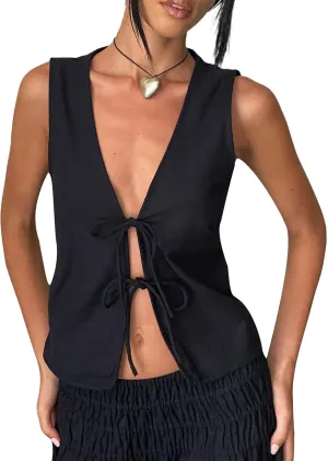 Y2K Sleeveless Tie Front Top for Women Deep V-Neck Lace Up Bow Tank Tops Summer Vintage Vest Crop Top
