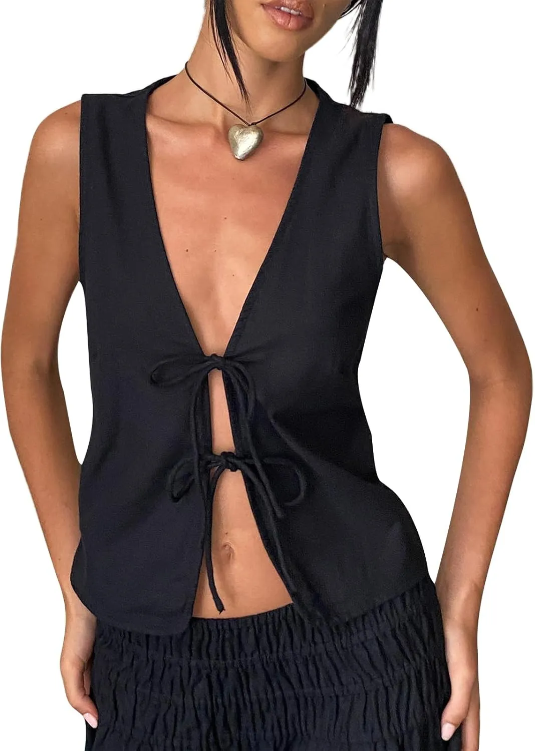 Y2K Sleeveless Tie Front Top for Women Deep V-Neck Lace Up Bow Tank Tops Summer Vintage Vest Crop Top