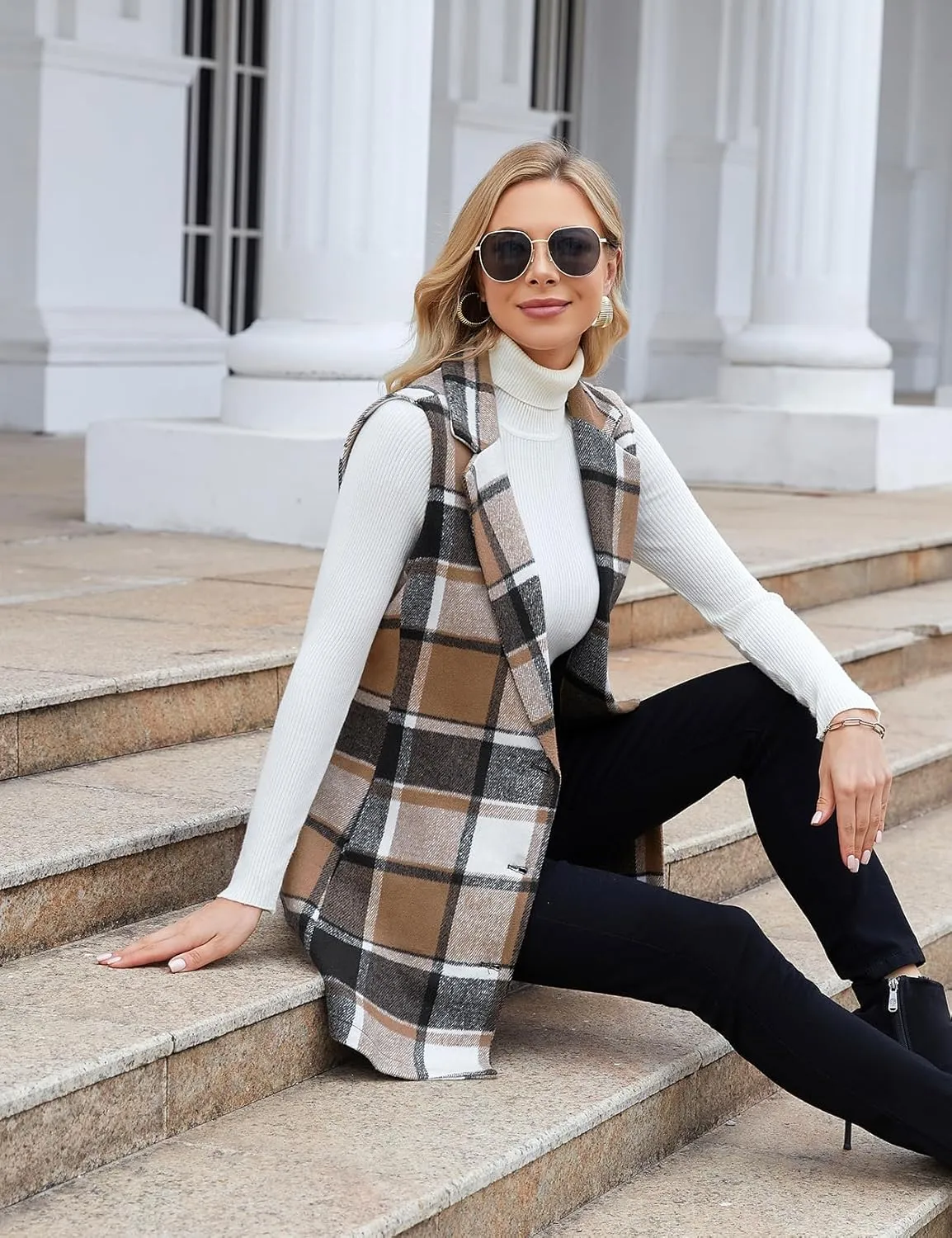 YACUN Women Plaid Vest Button Down Lapel Neck Sleeveless Blazer Outwear with Pockets