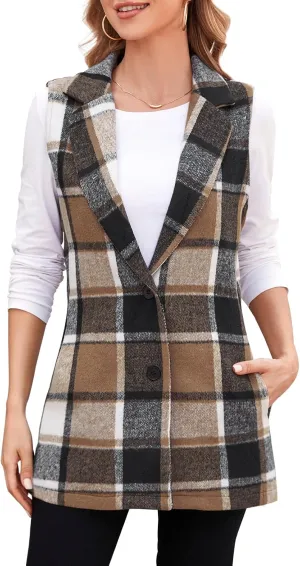 YACUN Women Plaid Vest Button Down Lapel Neck Sleeveless Blazer Outwear with Pockets