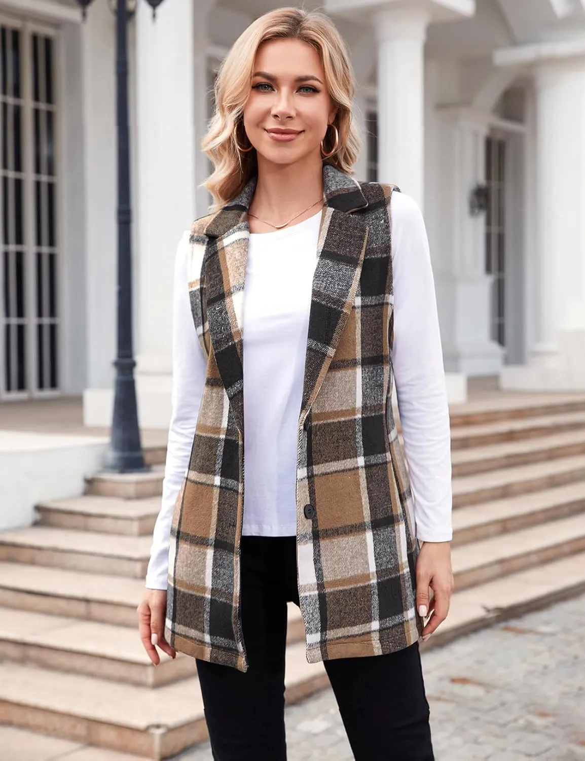 YACUN Women Plaid Vest Button Down Lapel Neck Sleeveless Blazer Outwear with Pockets