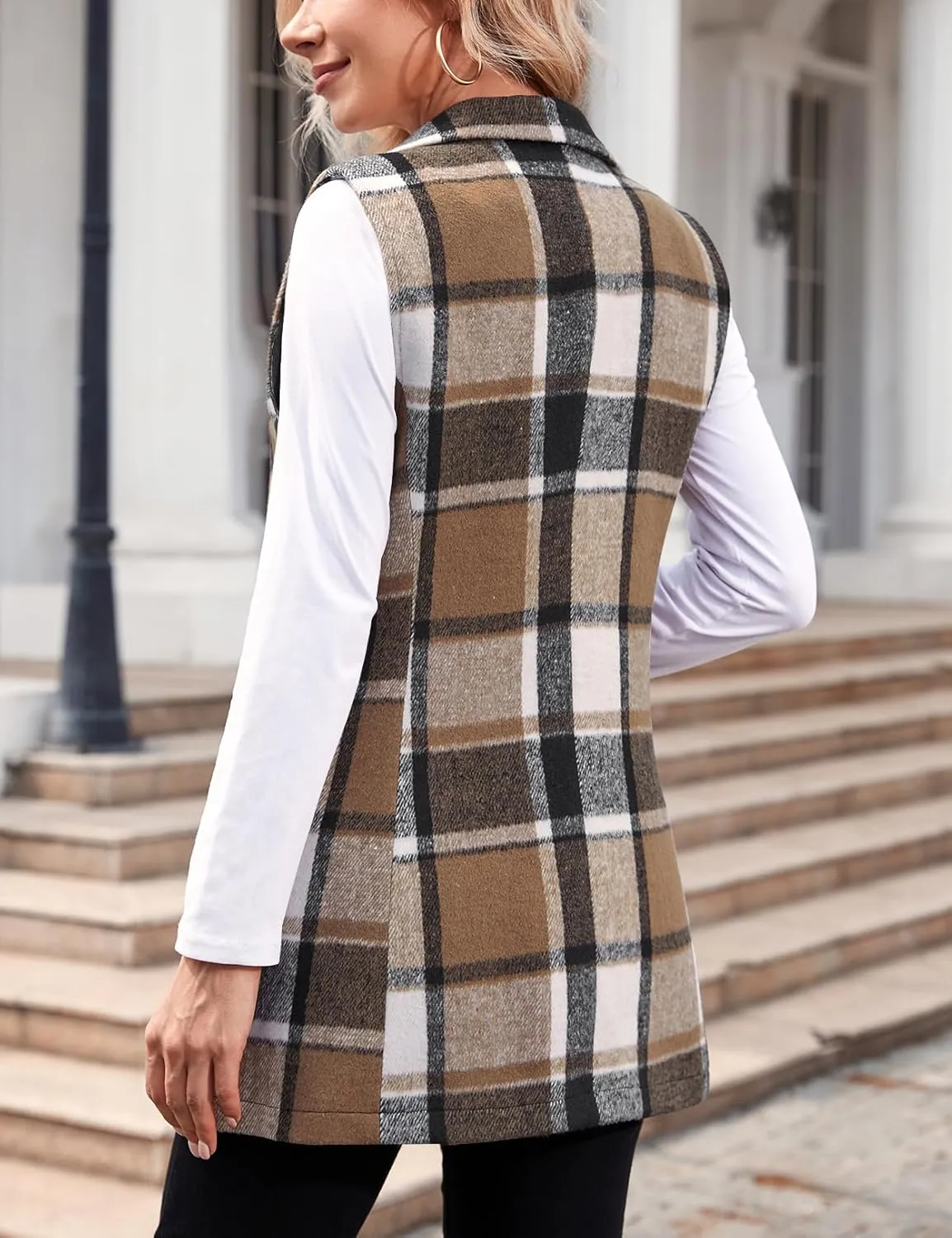 YACUN Women Plaid Vest Button Down Lapel Neck Sleeveless Blazer Outwear with Pockets