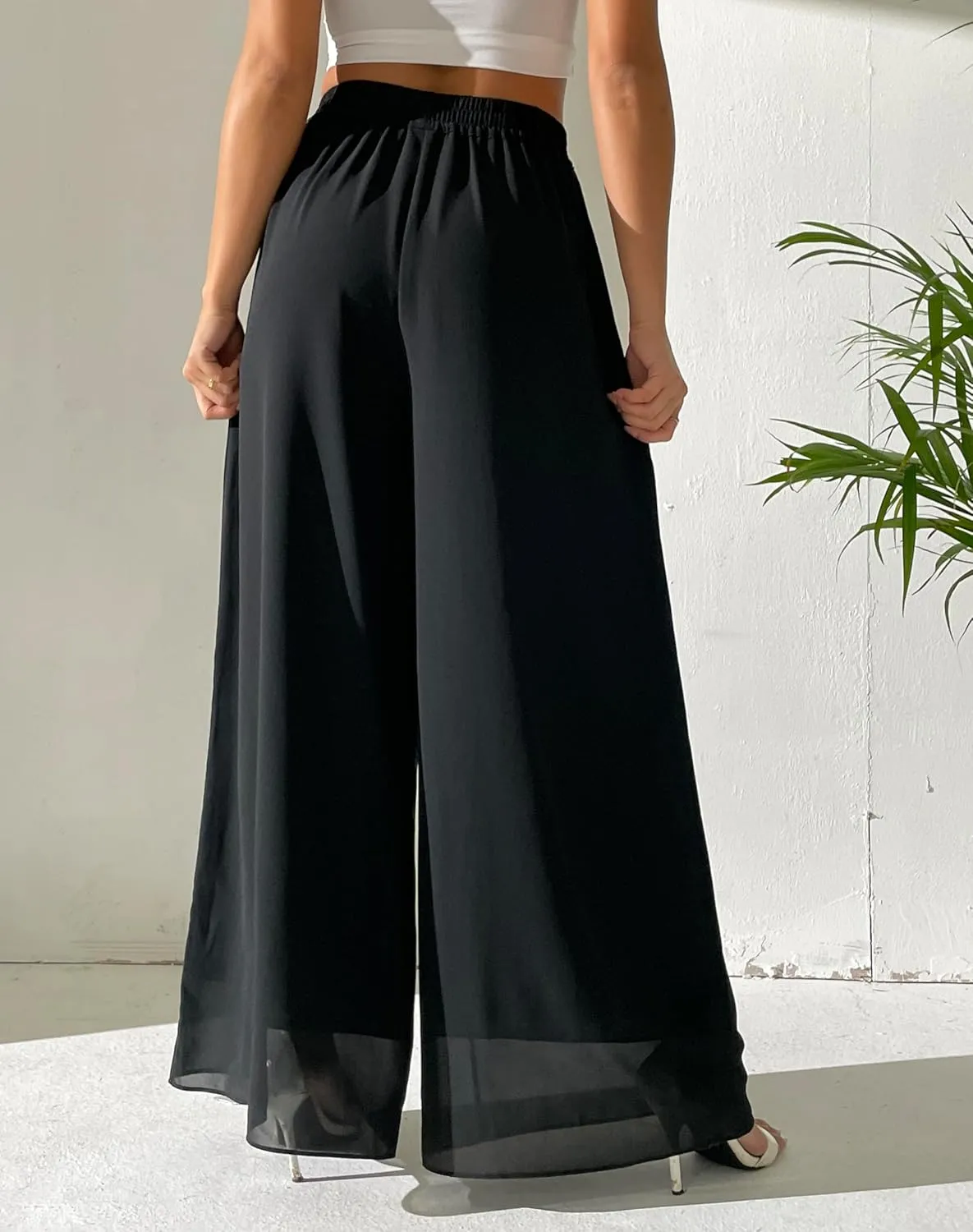 Yehopere Palazzo Pants for Women Dressy Flowy Chiffon Double Layers Summer Boho Wide Leg Casual Lounge Pants Trouser