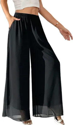 Yehopere Palazzo Pants for Women Dressy Flowy Chiffon Double Layers Summer Boho Wide Leg Casual Lounge Pants Trouser