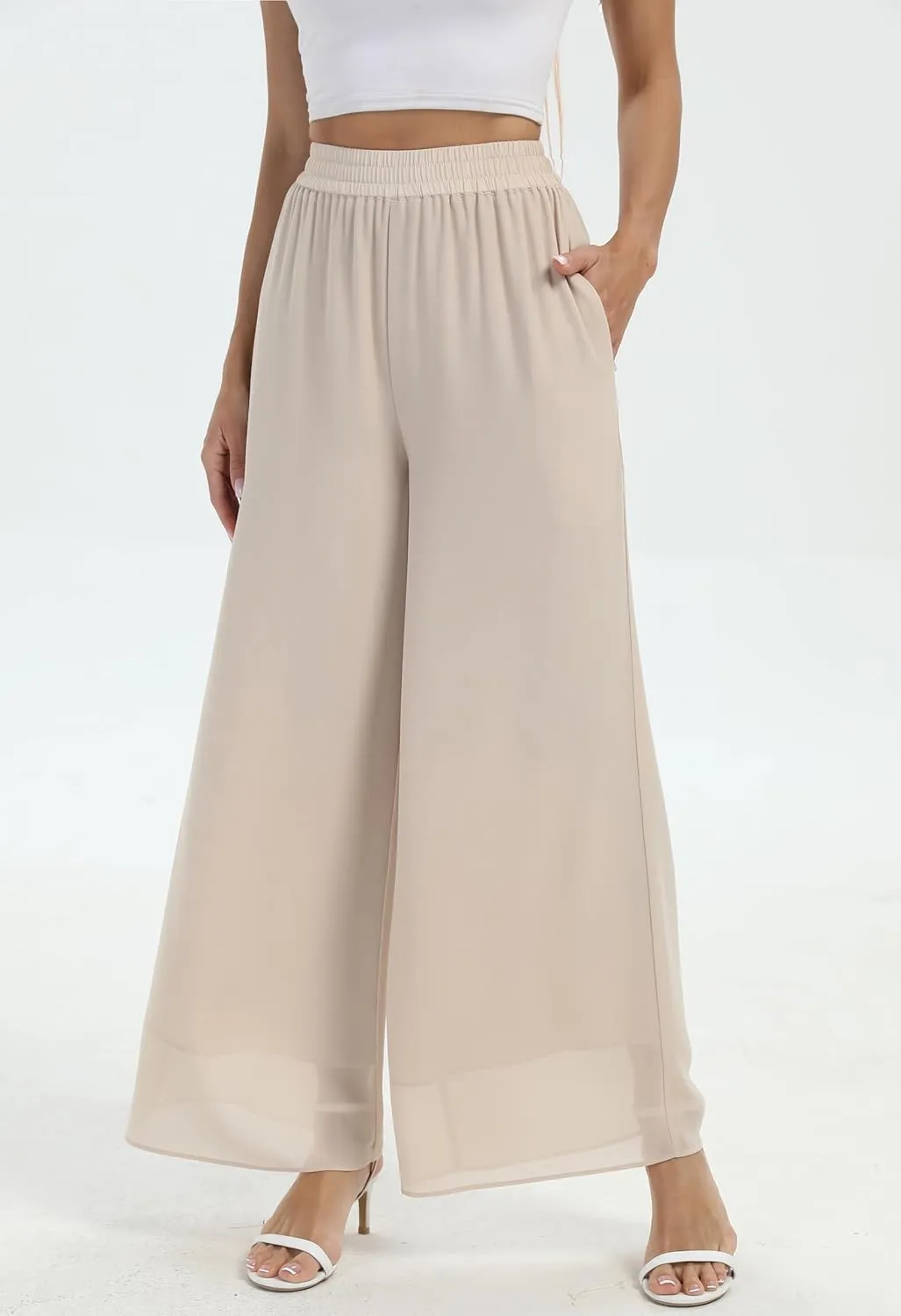 Yehopere Palazzo Pants for Women Dressy Flowy Chiffon Double Layers Summer Boho Wide Leg Casual Lounge Pants Trouser