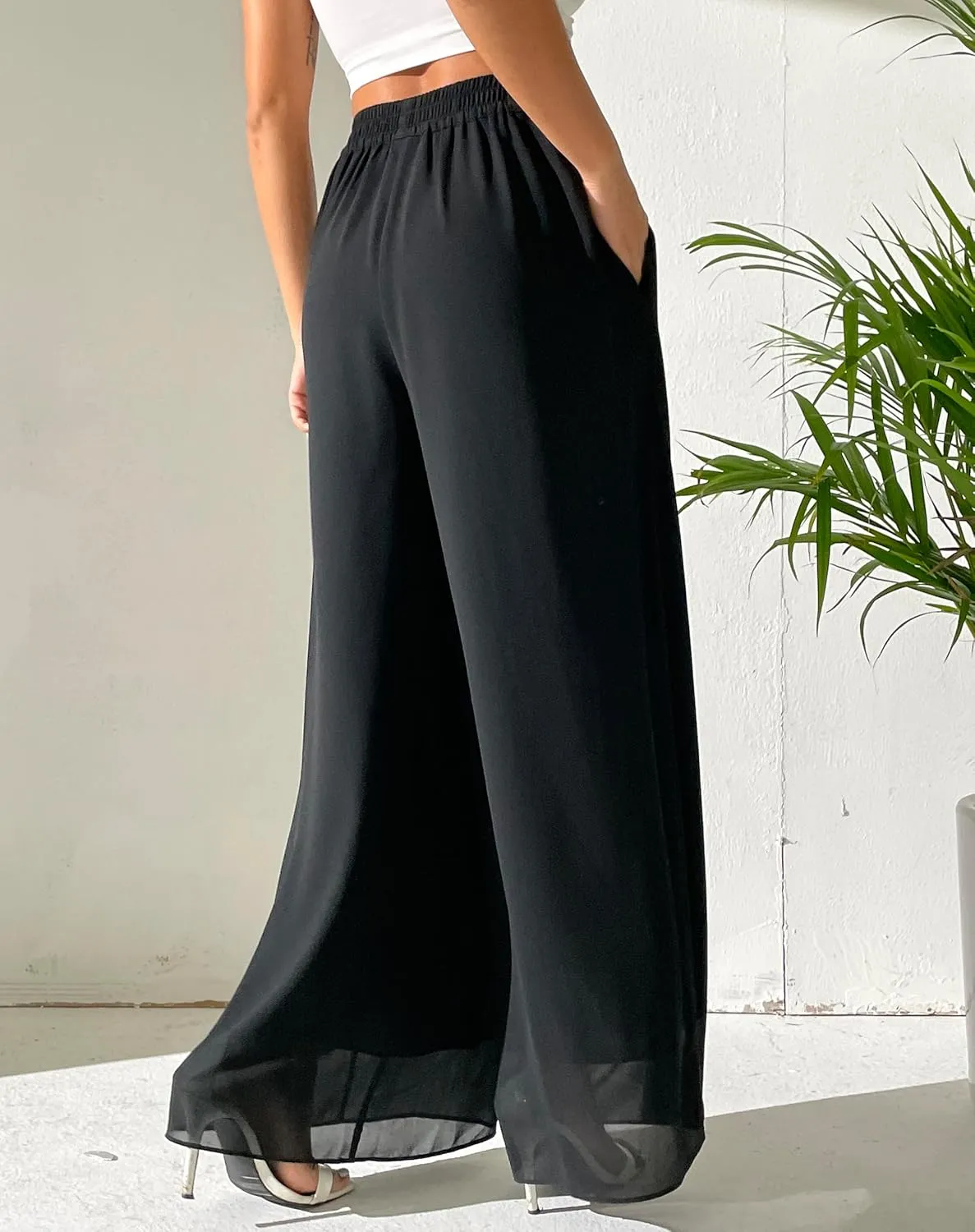 Yehopere Palazzo Pants for Women Dressy Flowy Chiffon Double Layers Summer Boho Wide Leg Casual Lounge Pants Trouser