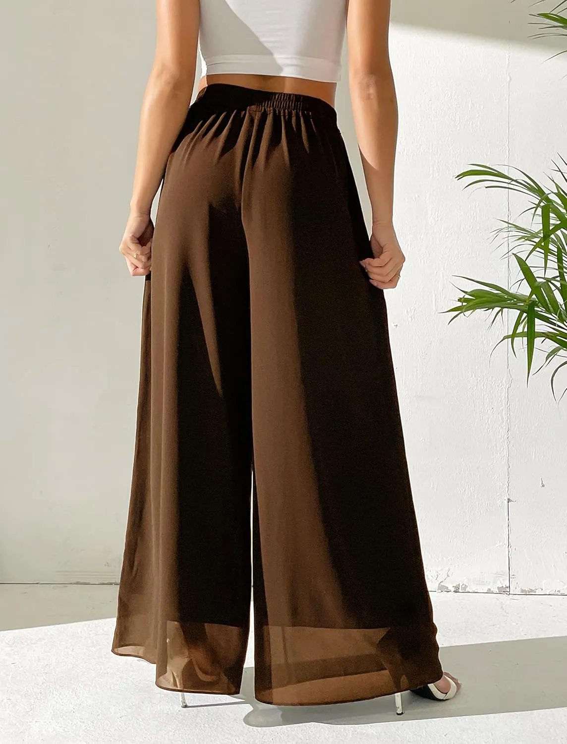 Yehopere Palazzo Pants for Women Dressy Flowy Chiffon Double Layers Summer Boho Wide Leg Casual Lounge Pants Trouser
