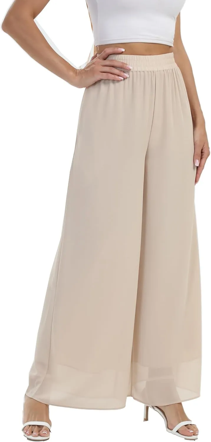 Yehopere Palazzo Pants for Women Dressy Flowy Chiffon Double Layers Summer Boho Wide Leg Casual Lounge Pants Trouser