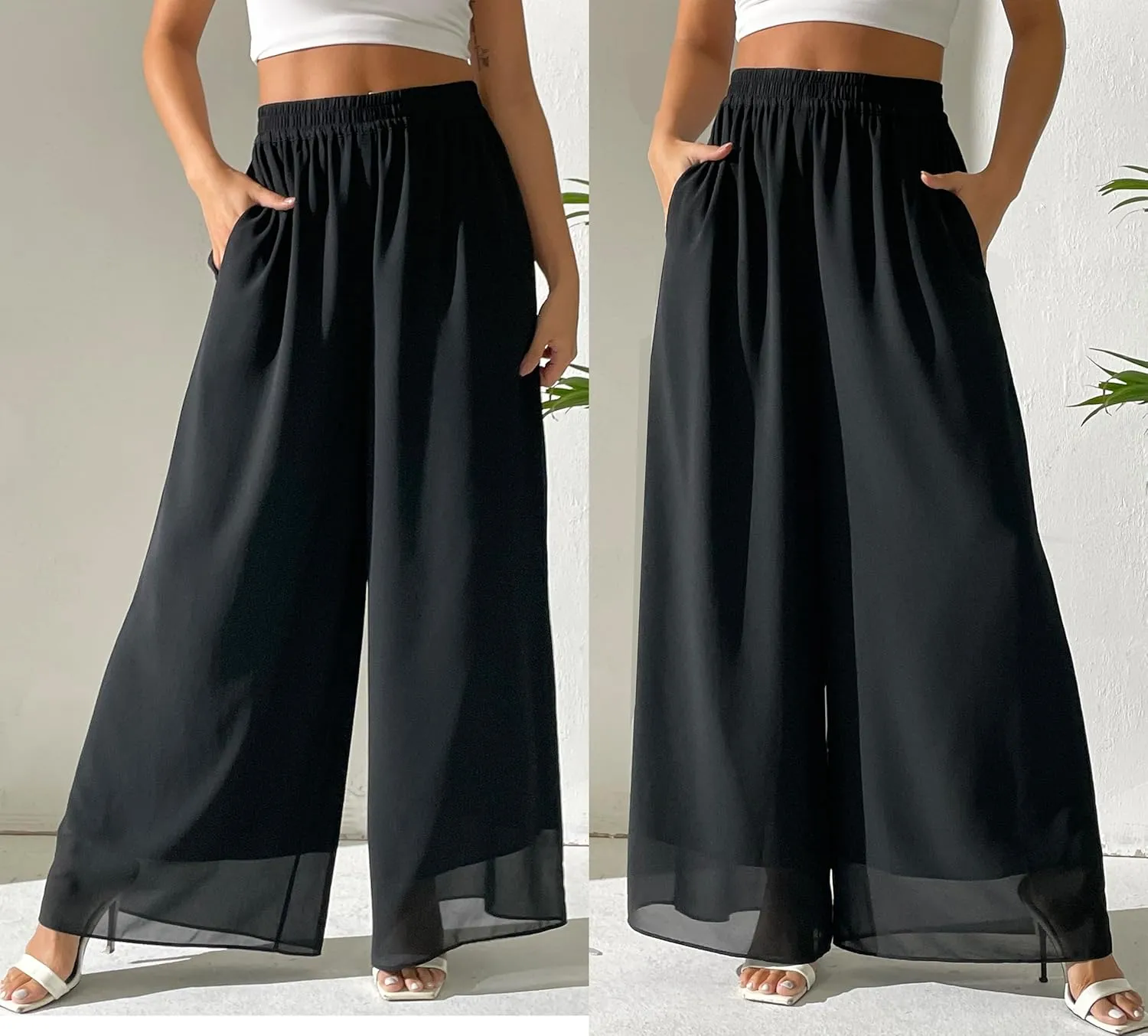 Yehopere Palazzo Pants for Women Dressy Flowy Chiffon Double Layers Summer Boho Wide Leg Casual Lounge Pants Trouser